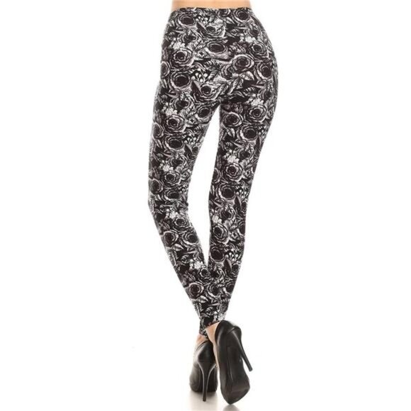 Abstract Rose‎ Floral Printed Leggings Tights High Waisted Gray Black Leggings - Picture 3 of 4